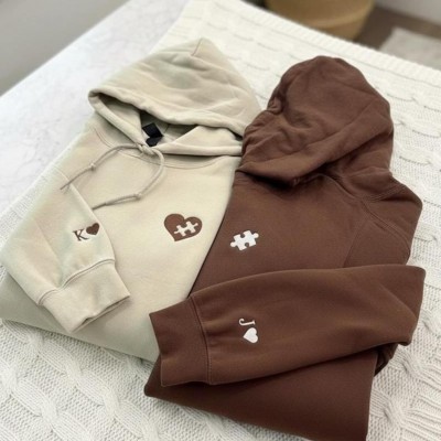 Custom Embroidered Couple Sweatshirt, Custom Initial With Heart On Sleeve Crewneck, Embroidered Puzzle Piece Shirt, Anniversary Gift