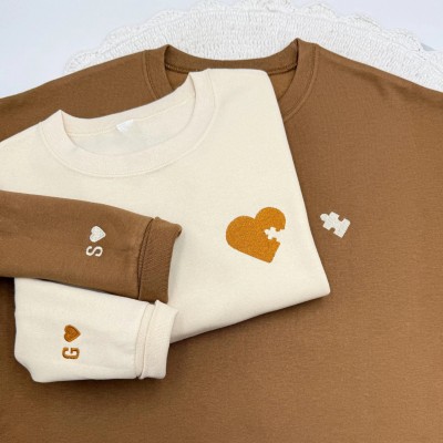 Embroidered Couples Sweatshirt, Puzzle Heart, Initials Sleeve, Anniversary Gift