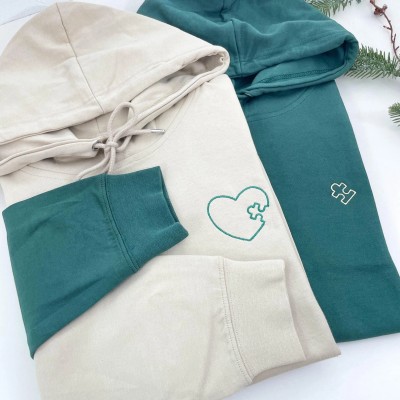 Embroidered Heart and Puzzle Piece Matching Couple Sweatshirt | Initial with Heart On Sleeve | 1st Anniversary Gift | Valentine Gift for Him