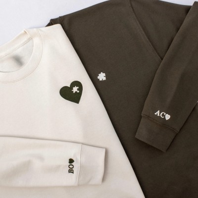 Embroidered Heart and Puzzle Piece Sweatshirt with Initials on Sleeve Anniversary Gift Custom Couple Hoodie Valentines Day Anniversary Gift