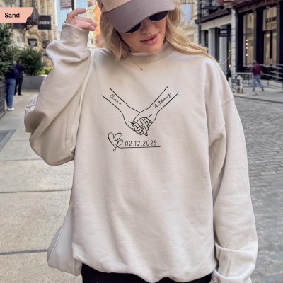Personalized Couple Sweatshirt, Holding Hands Sweater, Matching Couples Gift, Anniversary Date, Valentine Day Gift, Custom Name Sweater