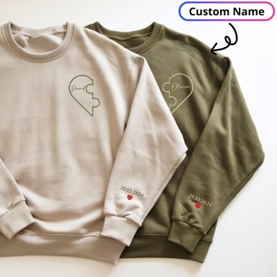 Custom Embroidered Heart Puzzle Sweatshirt, Valentines Couple Hoodie