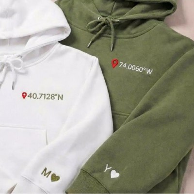 Personalized Coordinates Embroidered Couple Hoodies, Custom Location Sweatshirt With Initial Heart Sleeve, Anniversary Valentine Gift