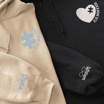 Custom Embroidered Perfect Heart and Puzzle Piece Roman Numeral Sweatshirt Hoodie, Custom Name For Couple, Letter Name On Sleeve, Matching Couples Hoodies
