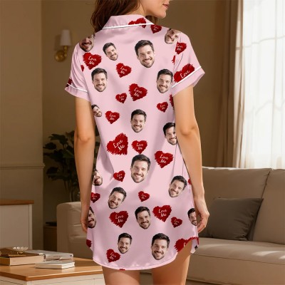 Custom Short Sleeve Satin Nightgown Red Glitter Heart Love Print Animated Face Pattern Button Front Sleepwear Gift For Her