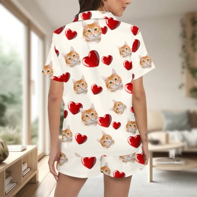Custom Short Sleeve Pajamas Heart Print Cotton Set Face Printed Creative Couple Memory Valentine's Gift Idea