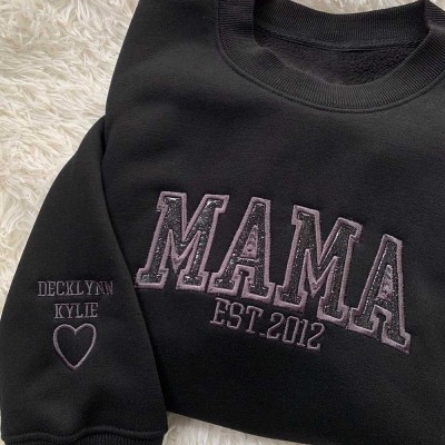 Custom Embroidered Glitter Mom Sweatshirt With Kids Names For Mother's Day