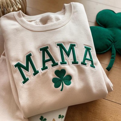Personalized Embroidered Lucky Mama Sweatshirt With Three-Leaf Clover For St Patrick's Day